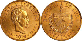 CUBA. 10 Pesos, 1916. Philadelphia Mint. PCGS MS-62.
Fr-3; KM-20. AGW: 0.4838 oz, Same diameter and weight as a US 10 Dollar gold coin. Fully Mint St...
