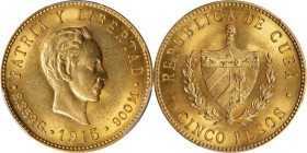 CUBA. 5 Pesos, 1915. Philadelphia Mint. PCGS MS-63.
Fr-4; KM-19. AGW: 0.2419. A worthy example of this two year type with illustrious golden brillian...