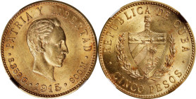 CUBA. 5 Pesos, 1915. Philadelphia Mint. NGC MS-62.
Fr-4; KM-19. AGW: 0.2419 oz. This coin could easily have graded a bit higher. Strong golden color ...