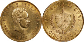 CUBA. 5 Pesos, 1916. Philadelphia Mint. PCGS AU-58.
Fr-4; KM-19. Original bright honey surfaces are smooth and attractive for the grade, with just a ...