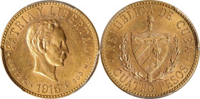 CUBA. 4 Pesos, 1915. Philadelphia Mint. PCGS MS-62.
Fr-5; KM-18. Mintage: 6,300. Here is the very scarce date of this two year type. Clearly a Mint S...