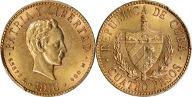 CUBA. 4 Pesos, 1916. Philadelphia Mint. PCGS MS-62.
Fr-5; KM-18. With full golden luster. Somewhat scarcer denomination.

Estimate: $400.00- $500.0...
