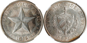 CUBA. Peso, 1915. Philadelphia Mint. NGC AU-58.
KM-15.1. High relief star. A pretty and only light circulated Peso, the present specimen retains impr...