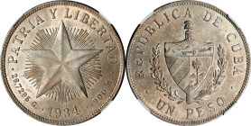 CUBA. Peso, 1934. Philadelphia Mint. NGC MS-62.
KM-15.2. A lovely example of the star Peso, the present example yields a soft luster and tremendous d...