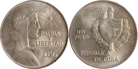 CUBA. Peso, 1936. Philadelphia Mint. PCGS MS-62.
KM-22. "ABC" Peso type. High mintage numbers for this type, but most were later melted. This example...