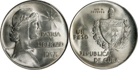 CUBA. Peso, 1938. Philadelphia Mint. PCGS MS-64.
KM-22. "ABC" Peso type. A glittering near-Gem, the present Peso can count a vivacity of strike along...