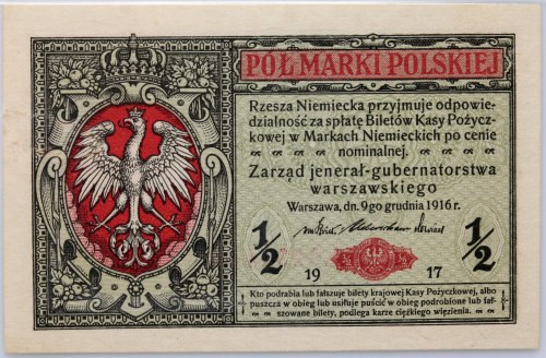 Generalne Gubernatorstwo, 1/2 marki polskiej 9.12.1916, Jenerał, seria A Numer 0...