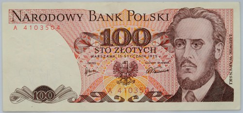 PRL, 100 złotych 15.01.1975, seria A Numer 4103504. Pionowe złamania. Reference:...