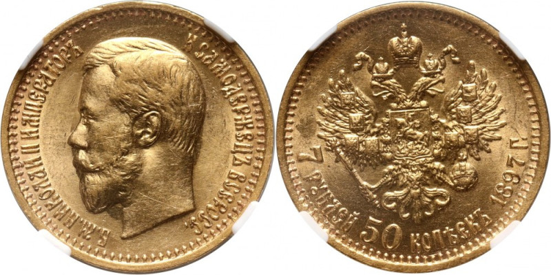 Russia, Nicholas II, 7 1/2 Roubles 1897 (АГ), St. Petersburg Gold. Very nice coi...