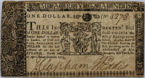 USA, Maryland, 1 Dollar 10.04.1774 Number 5278. Numer 5278. Reference: Pick S980...