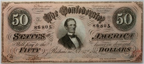 Confederate States of America, 50 Dollars 17.02.1864, series AZ Number 86805.
 ...