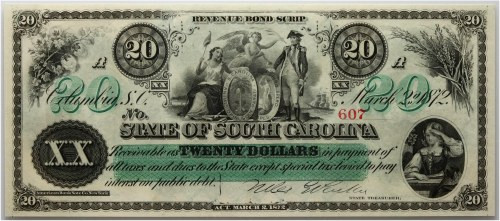 South Carolina, Columbia, 20 Dollars 1872, series A Number 607. Numer 607.
Refe...