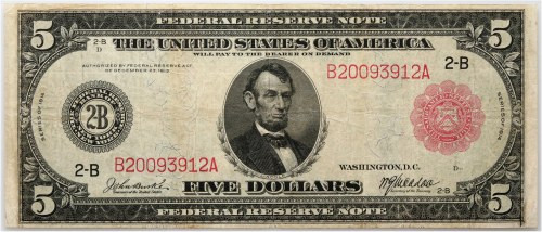 USA, Federal Reserve Note, New York, 5 Dollars 1914, series B Number 20093912B. ...