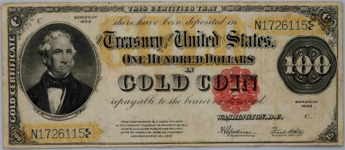USA, Gold Certificate, 100 Dollars 1922 Number&nbsp;N1726115. Signatures:&nbsp; ...