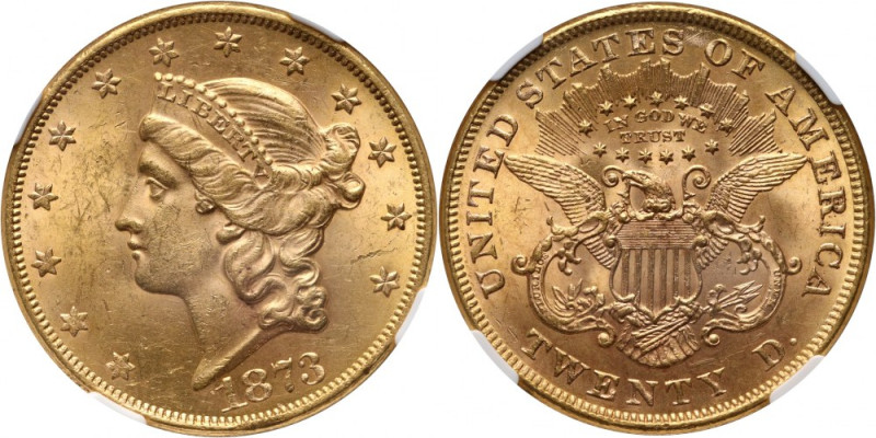USA, 20 Dollars 1873 (Open 3), Philadelphia Open 3 variety. Beautiful coin.
 Od...