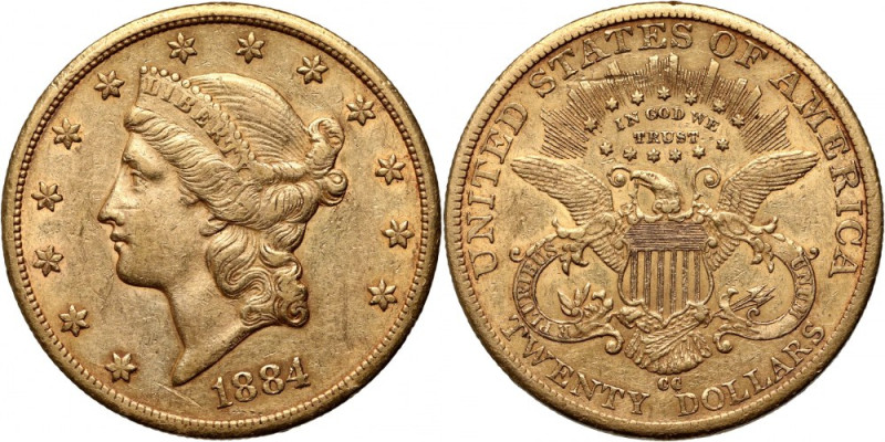 USA, 20 Dollars 1884 CC, Carson City Gold 33,33 g. Scarce. Złoto 33,33 g. Rzadki...