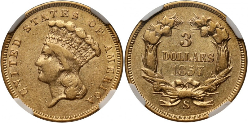 USA, 3 Dollars 1857 S, San Francisco Gold. Better date. Mintage: 14000 pcs.
 Zł...
