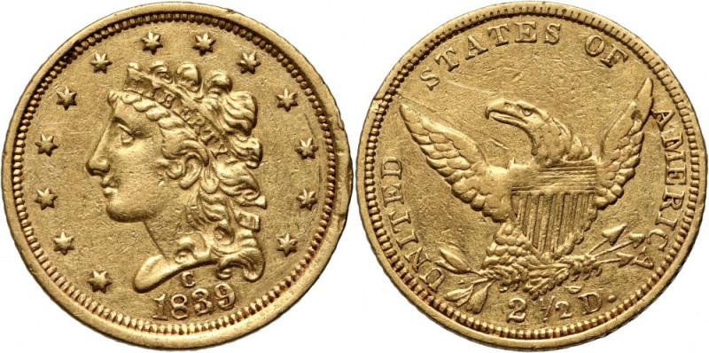 USA, 2 1/2 Dollars 1839 C, Charlotte Gold 4,12 g. Scarce date/mint. Mintage: 181...
