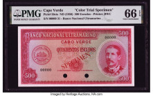 Cape Verde Banco Nacional Ultramarino 500 Escudos ND (1958) Pick 50cts Color Trial Specimen PMG Gem Uncirculated 66 EPQ. Cancelled with 2 punch holes....