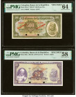 Colombia Banco de la Republica 500; 20 Pesos Oro 7.8.1947; 2.1.1963 Pick 391s2; 392s Two Specimen PMG Choice Uncirculated 64; Choice About Unc 58. Two...