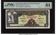 El Salvador Banco Central de Reserva de El Salvador 5 Colones 6.11.1952 Pick 82 PMG Choice Uncirculated 64. This example is graded the second highest ...