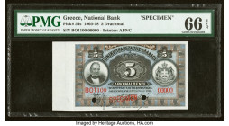 Greece National Bank of Greece 5 Drachmai 1914 Pick 54s Specimen PMG Gem Uncirculated 66 EPQ. Selvage is included and two POCs are present on this exa...