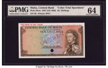 Malta Central Bank of Malta 10 Shillings 1967 (ND 1968) Pick 28cts Color Trial Specimen PMG Choice Uncirculated 64. Cancelled with one punch hole. 

H...