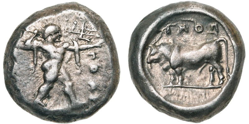 LUCANIE, POSEIDONIA, AR statère, 440-420 av. J.-C. D/ ΠOE Poséidon deb. à d., b...