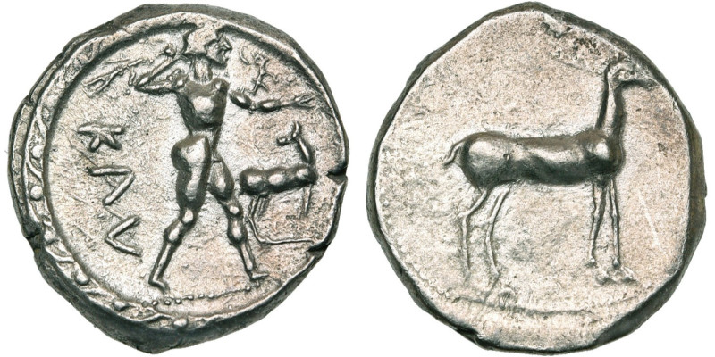 BRUTTIUM, CAULONIA, AR statère, 470-440 av. J.-C. D/ Apollon deb. à d., brandiss...