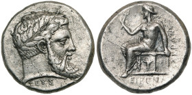 BRUTTIUM, LOKROI EPIZEPHYROI, AR statère, vers 350 av. J.-C. D/ T. l. de Zeus à d. En dessous, ΙΕYΣ. R/ Eiréné assise à g. sur un cippe décoré d'un bu...