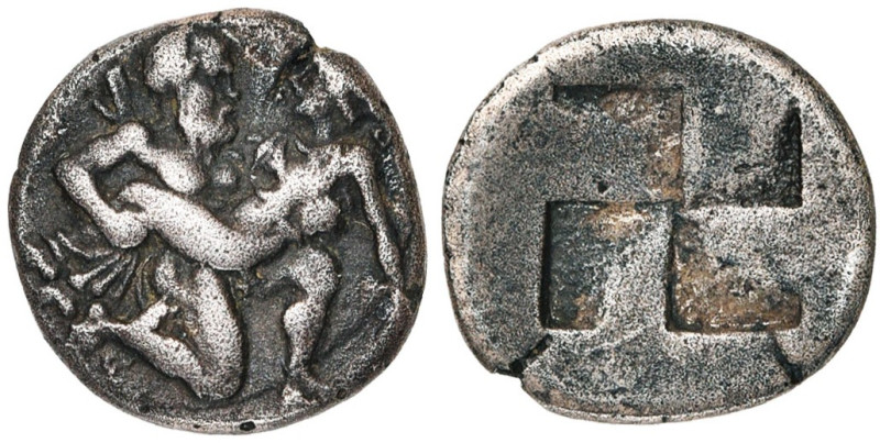ILES DE THRACE, THASOS, AR drachme, vers 435-411 av. J.-C. D/ Satyre courant à d...