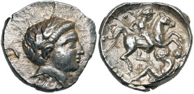 ROYAUME DE PEONIE, Patraos (340-315), AR tétradrachme. D/ T. l. d'Apollon à d. R/ Cavalier coiffé d'un casque avec une haute crête, terrassant de sa l...