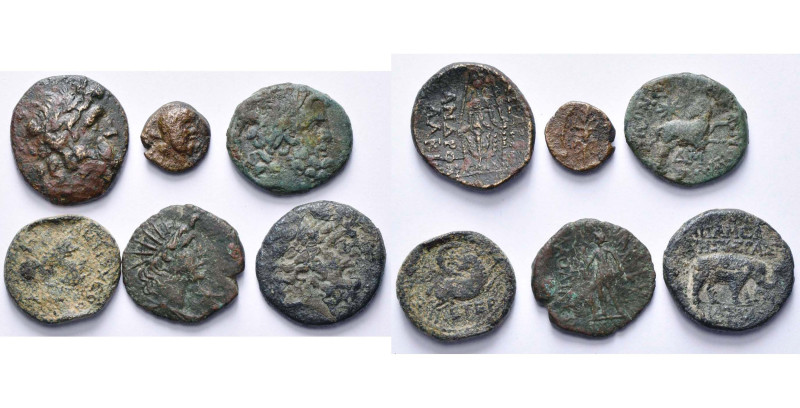 lot de 6 bronzes: Phrygie, Apamée, T. de Zeus/Statue cultuelle; Pisidie, Selge, ...