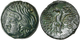 GAULE CELTIQUE, Carnutes, AE bronze, avant 52 av. J.-C. D/ T. à g. R/ Aigle de f., t. à g., les ailes déployées. Au-dessus, annelet centré et pentagra...