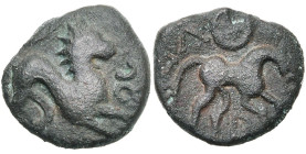 GAULE BELGIQUE, Nervii, AE bronze, après 52 av. J.-C. D/ Lion à d., la t. et la queue redressées. En dessous, VE-RC-IO. R/ Cheval galopant à d. Au-des...