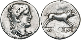 M. Volteius, AR denier, 78 av. J.-C., Rome. D/ T. d'Hercule à d., coiffé de la dépouille de lion. R/ Le sanglier d'Erymanthe à d. A l'ex., M·VOLTEI· M...