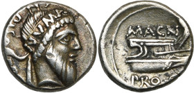 Cn. Pompeius Magnus et Cn. Calpurnius Piso, AR denier, 49 av. J.-C., Espagne. D/ CN· PISO· PRO· Q T. barbue de Numa à d., portant un diadème sur leque...