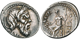 C. Vibius Pansa, AR denier, 48 av. J.-C., Rome. D/ Masque de Pan barbu à d., trois rangées de baies dans les cheveux. Derrière, pedum. Dessous, PANSA....