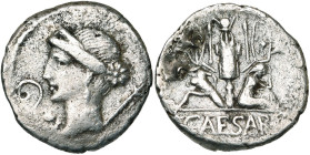 Jules César, AR denier, 46-45 av. J.-C., Espagne. D/ T. diad. de Vénus à g., une étoile dans les cheveux. Posé sur son épaule, un petit Cupidon. A g.,...