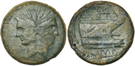 Sextus Pompeius Magnus, AE as, 45 av. J.-C., Espagne et Sicile. D/ MGN T. l. de Janus aux traits de Pompée le Grand. R/ PIVS/ IMP Proue à d. Cr. 479/1...