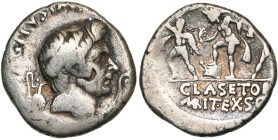Sextus Pompeius Magnus, AR denier, 42-40 av. J.-C., Sicile. D/ MAG· PIVS· IMP· ITER T. de Pompée à d. A g., un vase à sacrifice. A d., un lituus. R/ P...