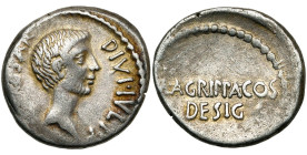 Octavien et Agrippa, AR denier, 38 av. J.-C., atelier itinérant. D/ IMP CAESAR- DIVI· IVLI· F T. d'Octavien à d., légèrement barbu. R/ M· AGRIPPA· COS...