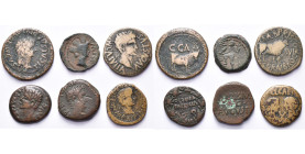 ESPAGNE, lot de 6 bronzes: Caesaraugusta, Tibère, as, T. à d./Taureau; Carteia, Auguste, semis, T. fém. tourelée/Neptune; Calagurris, Auguste, T. à d....