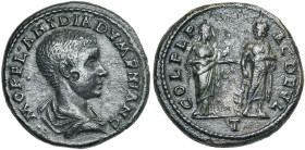 THRACE, DEULTUM, Diaduménien (217-218), AE bronze. D/ M OPEL ANT DIADVMENIAN C B. dr. à d. R/ COL FL PAC DEVL/T Hygieia deb. à d., ten. dans les bras ...