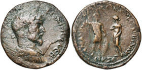 PONT, AMASIE, Marc Aurèle (161-180), AE bronze, 163. D/ B. l., dr., cuir. à d. R/ Arès en habit militaire, ten. lance et bouclier, deb. à d., et Vénus...
