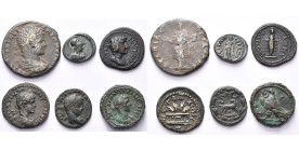 lot de 6 bronzes, dont: Thrace, Pautalia, Caracalla, R/ Concordia; Lydie, Hierapolis, B. d'Athéna/Némésis; Nacrasa, T. du Sénat/Statue cultuelle d'Art...