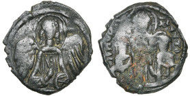 Andronic II et Michel IX (1294-1320), AE assarion, Constantinople. Classe IX. D/ B. de l'archange Michel de f., ten. un sceptre et un gl. R/ B. de f. ...