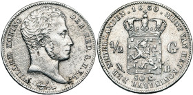 BELGIQUE, Royaume des Pays-Bas, Guillaume Ier (1815-1830), AR 1/2 gulden, 1830 B, Bruxelles. Sch. 283. Rare. Nettoyé.
Beau à Très Beau