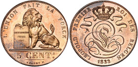 BELGIQUE, Royaume, Léopold Ier (1831-1865), 5 centimes, 1833. Refrappe en bronze clair. Tranche lisse. Bogaert 50B3. Rare.
Fleur de Coin