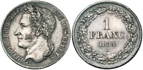 BELGIQUE, Royaume, Léopold Ier (1831-1865), AR 1 franc, 1834. Dupriez 92. Patine foncée.
Superbe